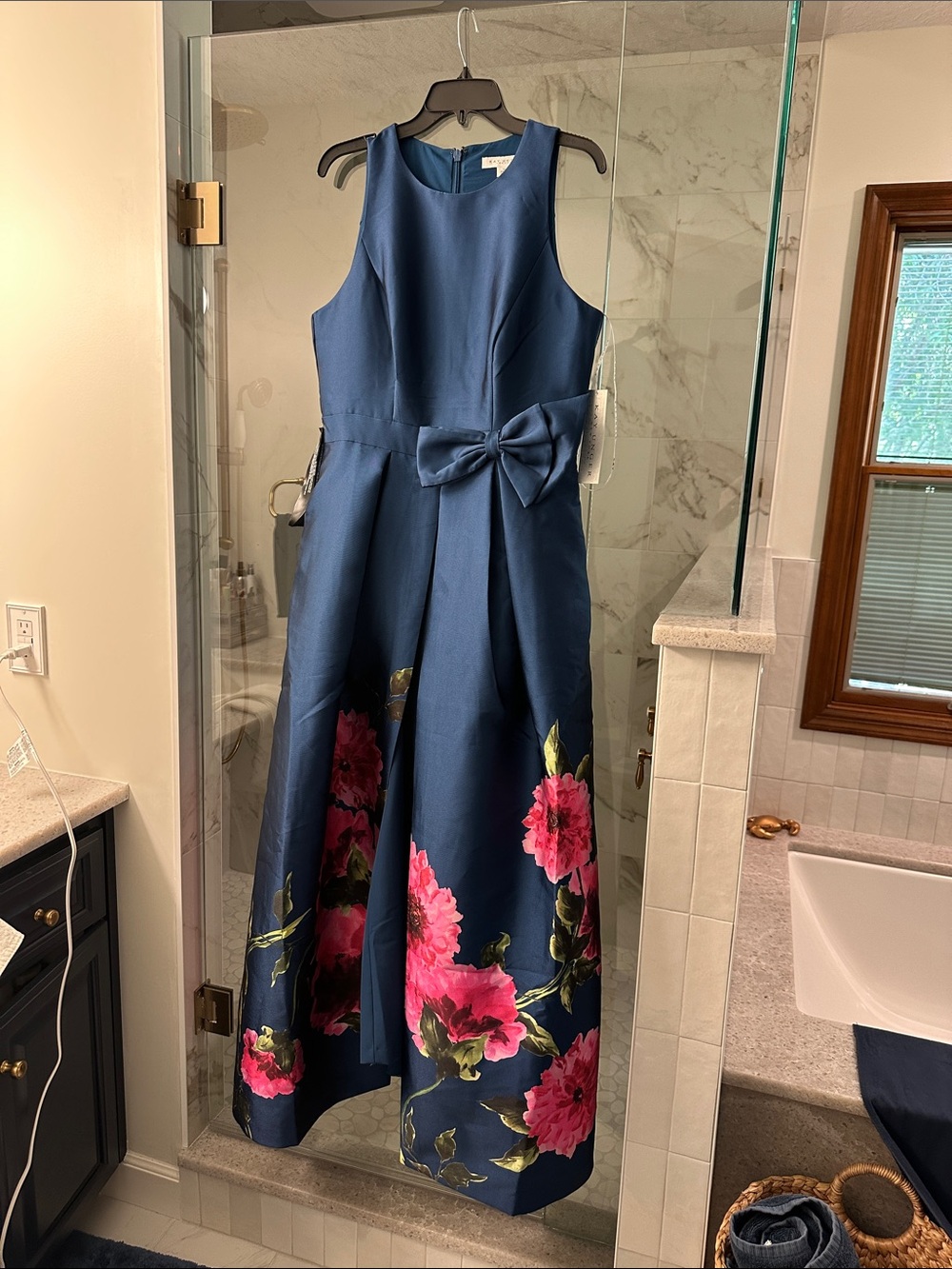 NWT Kay Unger Navy Floral Bow-Accent Fit & Flare walk thru jumpsuit Dress